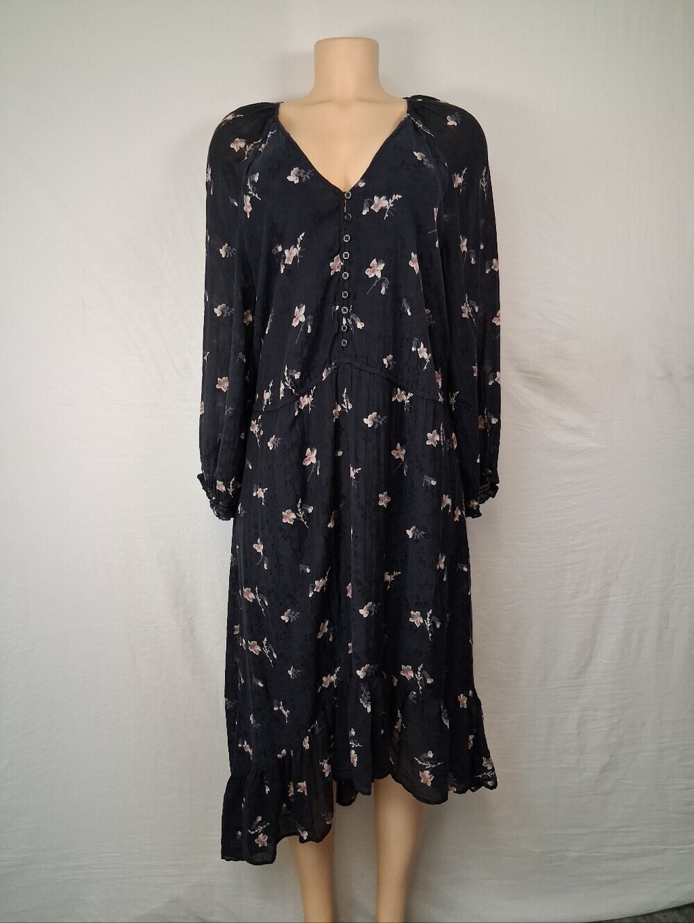 Joie Black Floral Button-Front Long Sleeve Boho spring Midi Dress Size L - Picture 11 of 17